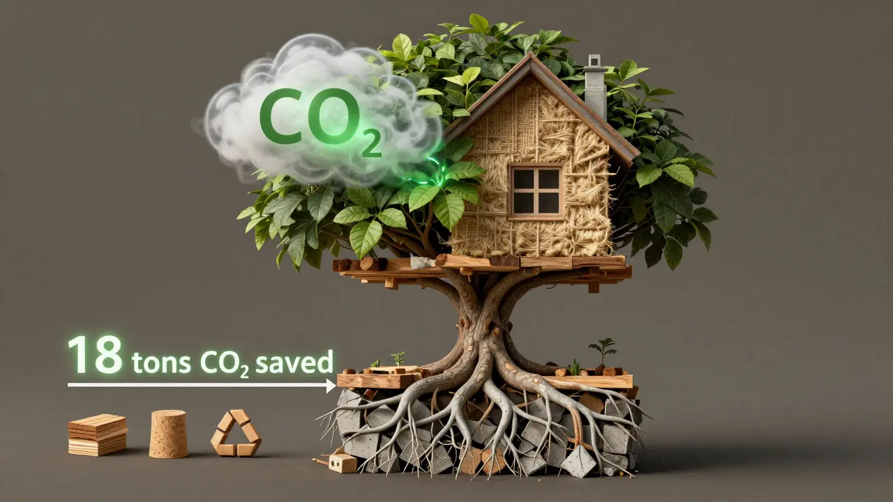 Baum mit Wurzeln aus recyceltem Beton und Stamm aus Holzbalken, umgeben von natürlichen Dämmstoffen, der CO₂ absorbiert.