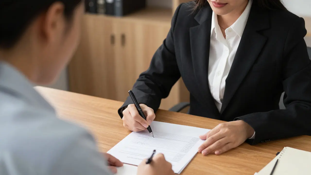 Beratungsgespräch mit Anwalt, Checkliste ohne Text auf dem Tisch.