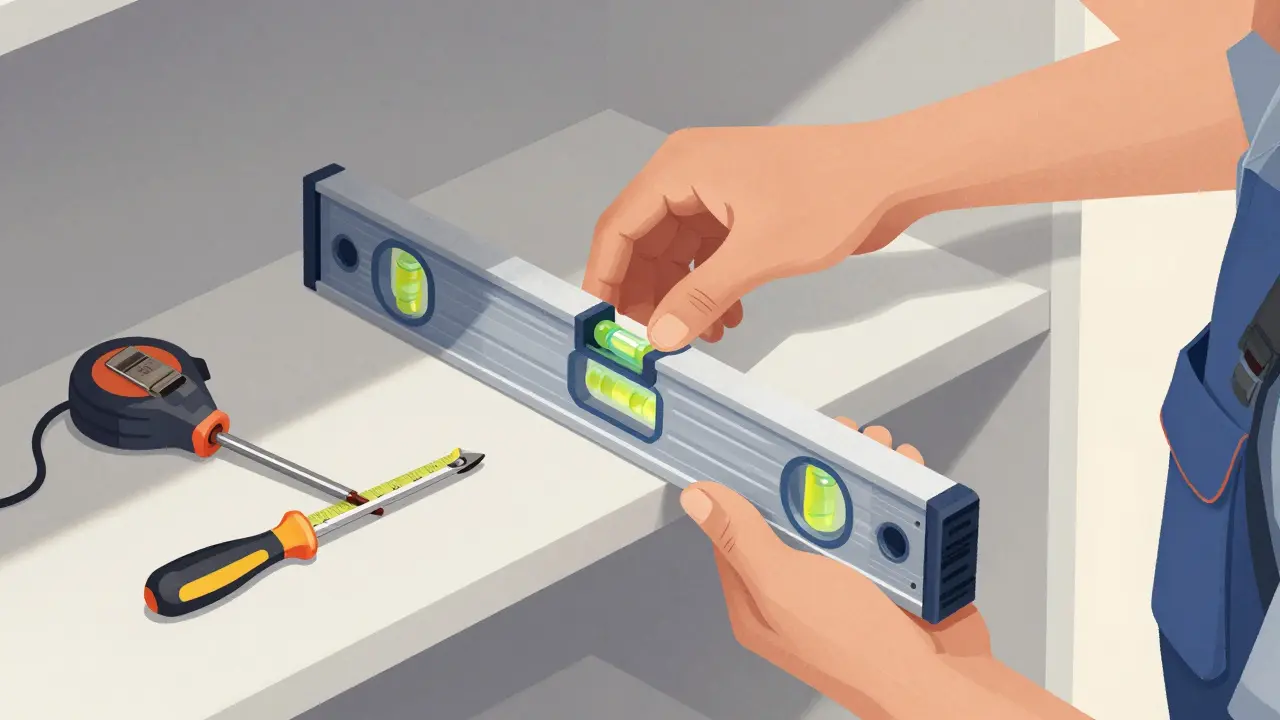 DIYer prüft mit Wasserwaage die Ausrichtung einer halbfertigen Regalplatte