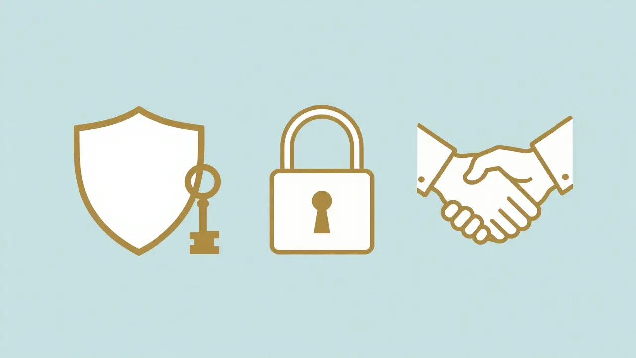 Drei symbolische Elemente: Schild, Schlüssel und Handshake für Vertragssicherheit.