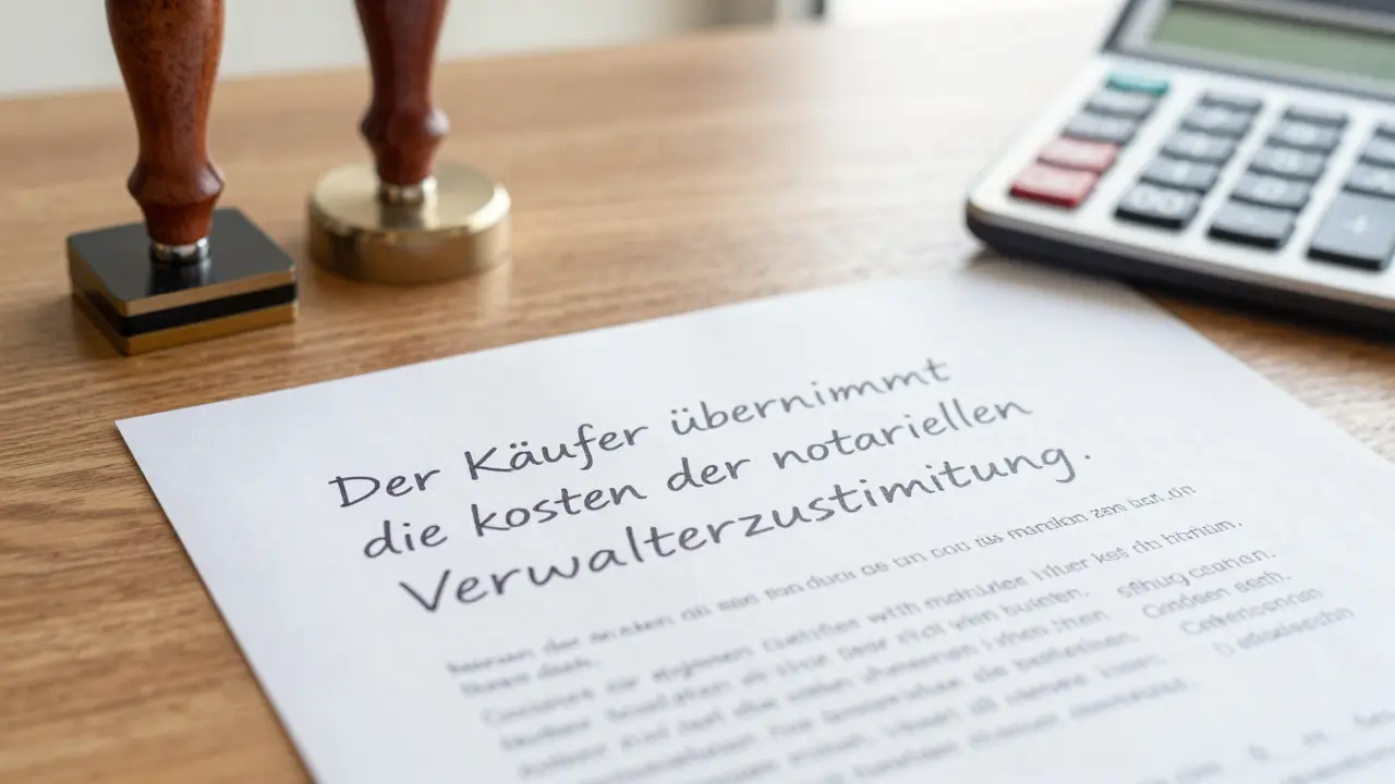 Ein Kaufvertrag mit klarer Klausel zur Übernahme der Verwaltungskosten durch den Käufer.