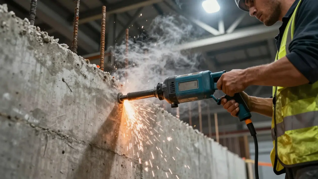 Ein professioneller Bohrhammer bohrt in eine Betonwand, Funken fliegen, Staubwolke entsteht.