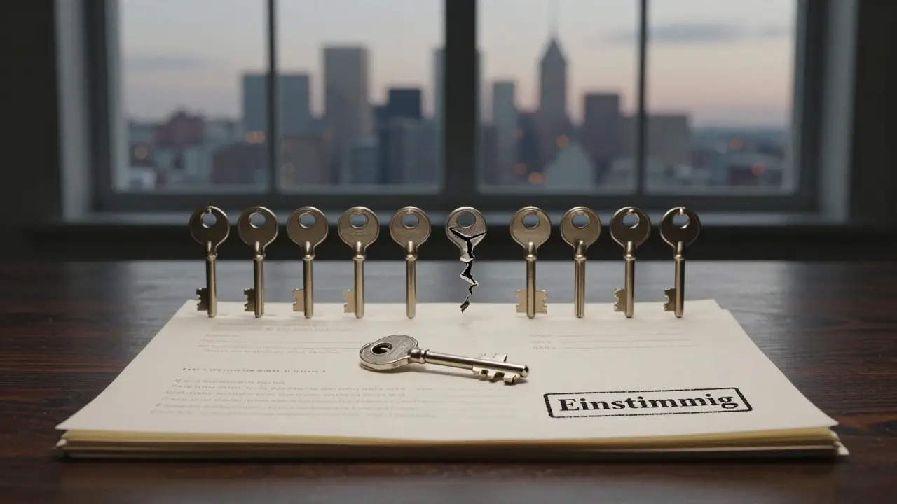 Ein Schlüssel liegt allein auf einem Notariatstisch, während andere Schlüssel in einer Reihe stehen — Symbol für fehlende Einigkeit.