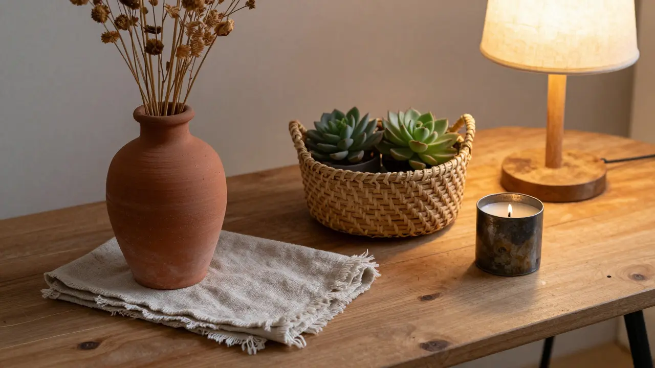 Eine detailreiche Ansicht eines Boho-Couchtisches mit handgefertigten Keramik, Rattan und getrockneten Blumen in warmem Licht.