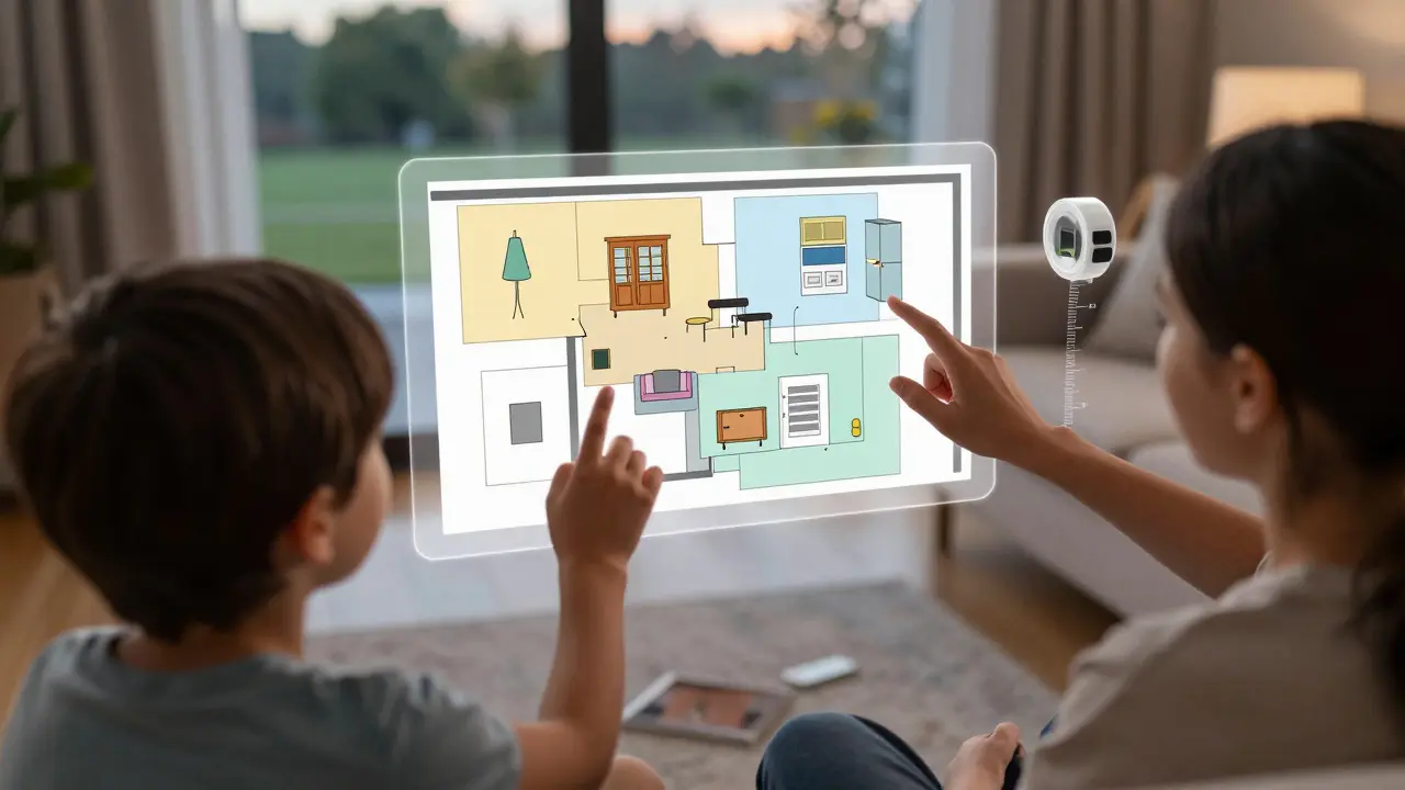 Eine Familie interagiert mit einer digitalen AR-Oberfläche, um Möbel zu verschieben und Wandfarben in einer Wohnung zu ändern, während ein Maßband in der Luft schwebt.