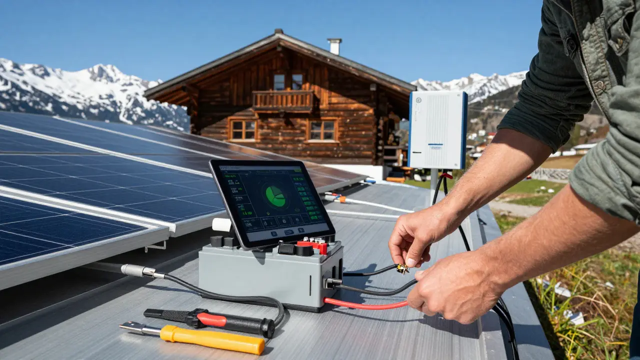 Eine Person installiert selbstständig Solarmodule und Batteriespeicher an einem abgelegenen Ferienhaus, mit einem Tablet zur Überwachung der Energieflüsse.