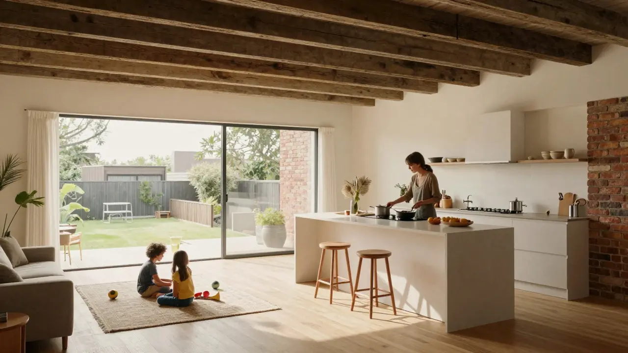 Familie genießt den offenen Wohnbereich nach der Renovierung: Küche und Wohnzimmer sind nun eine lichtdurchflutete Einheit mit modernem Design.