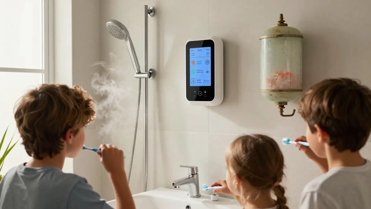 Familie in Badezimmer mit Evodrop-Wasserfilter, keine Kalkablagerungen am Duschkopf, digitale Wasserqualitätsanzeige.