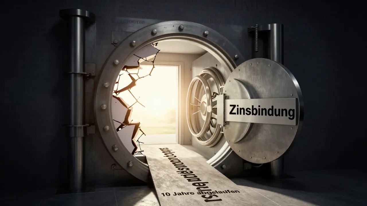 Geschlossene Zinsbindung öffnet sich, Licht zeigt Wege zur Entschädigungsvermeidung nach 10 Jahren.