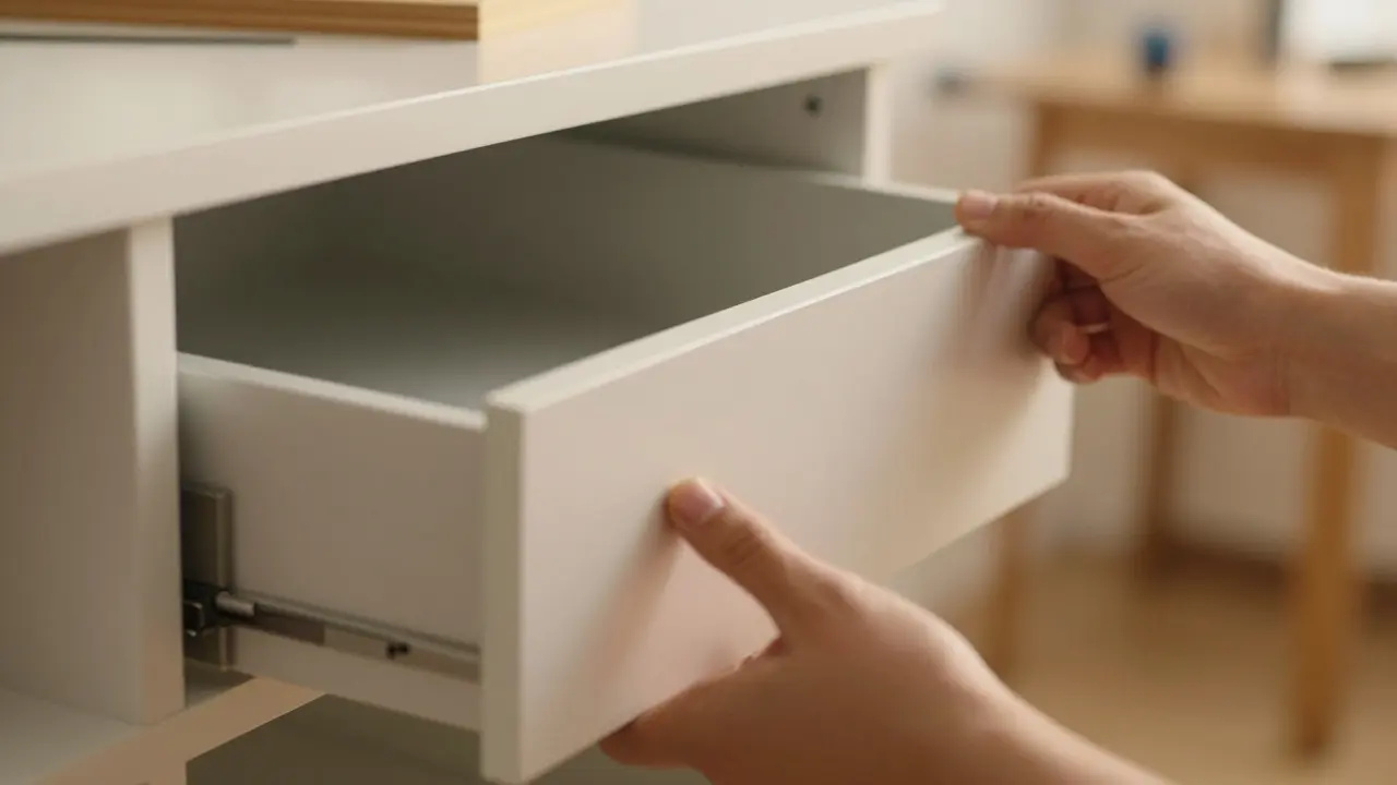 Hand testet Schublade im Schrank vor Endmontage für reibungslosen Lauf