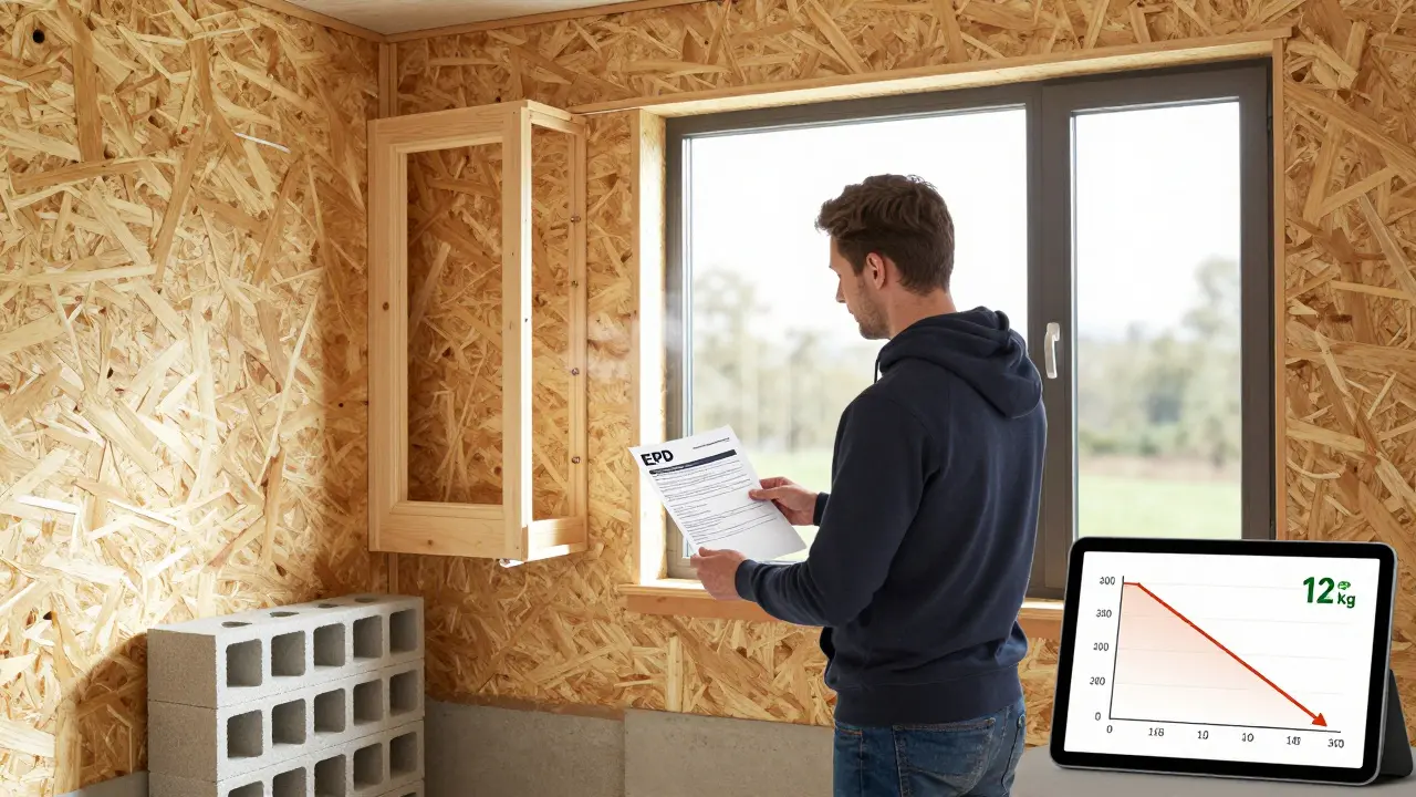 Hausbesitzerin installiert Holzfaserdämmung und Holzfenster in einem sanierten Altbau mit EPD-Dokument in der Hand.