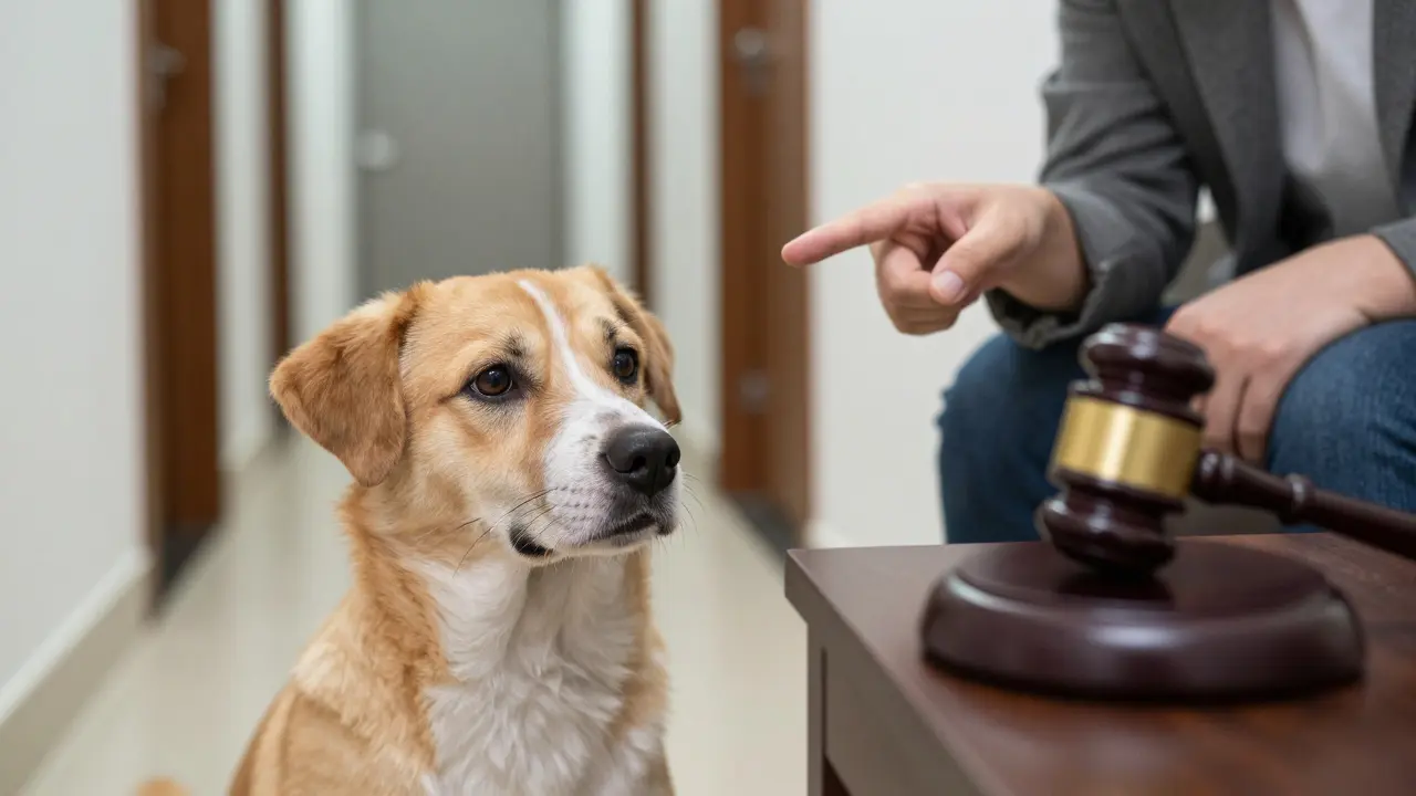 Hund in Gemeinschaftsraum mit Richterkeule als rechtliches Symbol