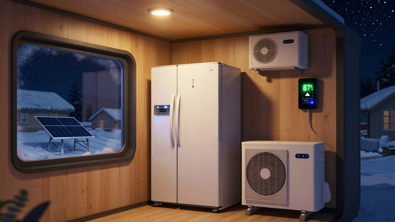 Innenansicht eines autarken Ferienhauses bei Nacht mit LED-Beleuchtung, Kühlschrank und Energiemonitor, der 87 % Ladezustand anzeigt.