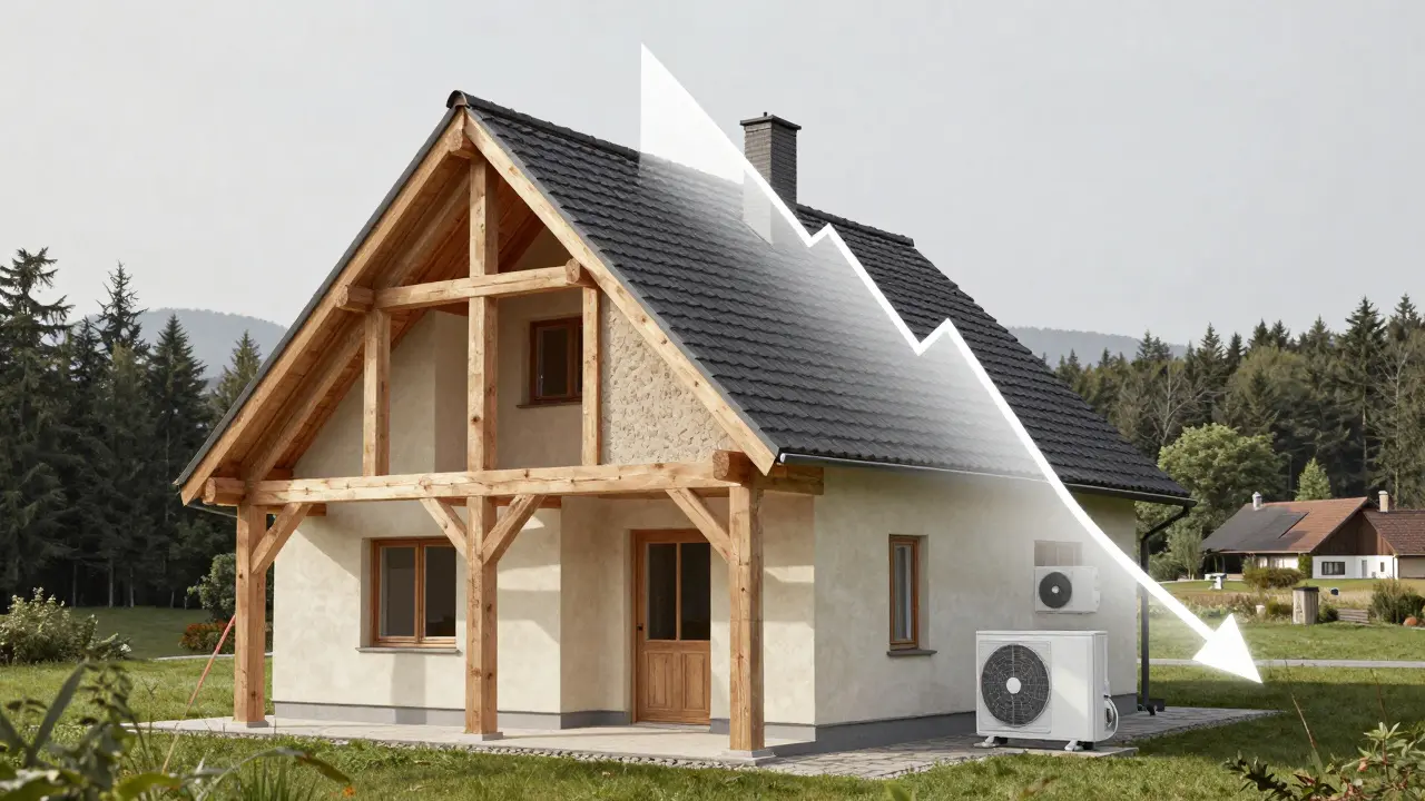 Nachhaltig saniertes Haus mit wiederverwendeten Holzbalken, Lehmputz und recycelten Dachziegeln.