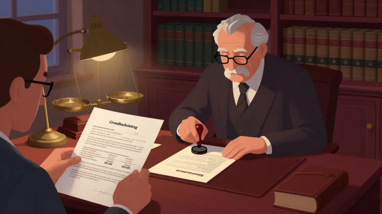 Notar stampft Grundbucheintragung in einem deutschen Amtszimmer mit detaillierten Kostenunterlagen.