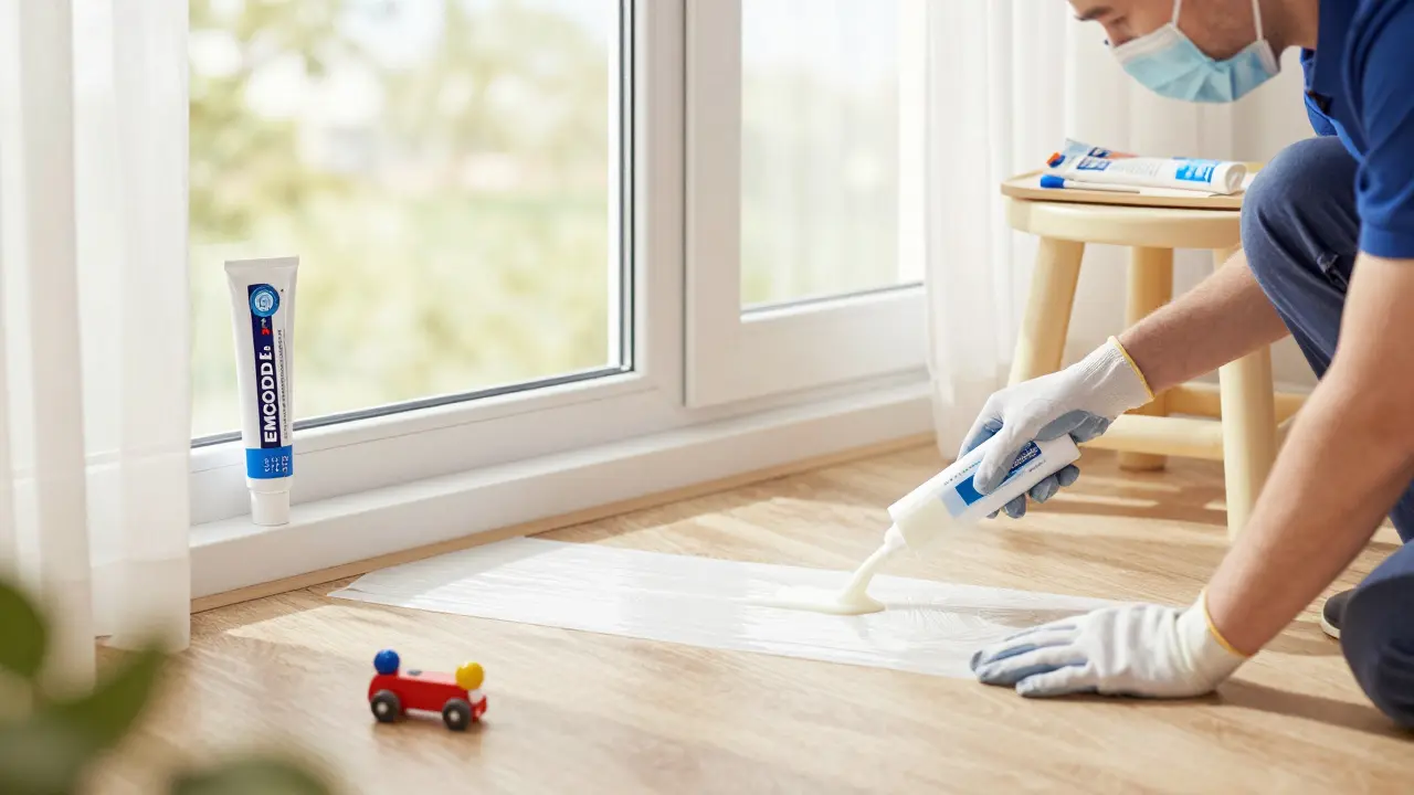 Professioneller Verleger bringt sichereren Kleber in einem Kinderzimmer auf, mit Spielzeug im Hintergrund und klarem Licht.