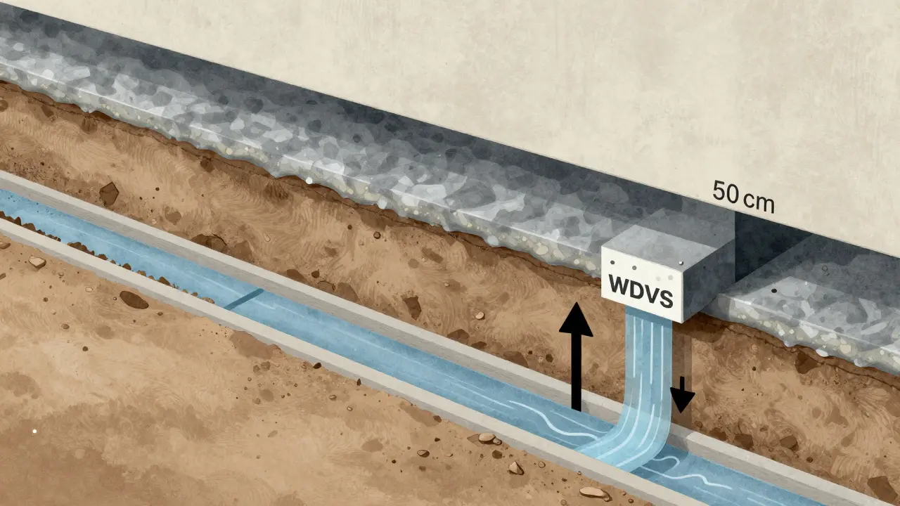 Schnitt durch eine fachgerecht abgedichtete Haussockelzone mit Dichtungsschicht, Dämmung und Kiesrand, zeigen Aufstiegsfeuchtigkeit und Schutzmaßnahmen.