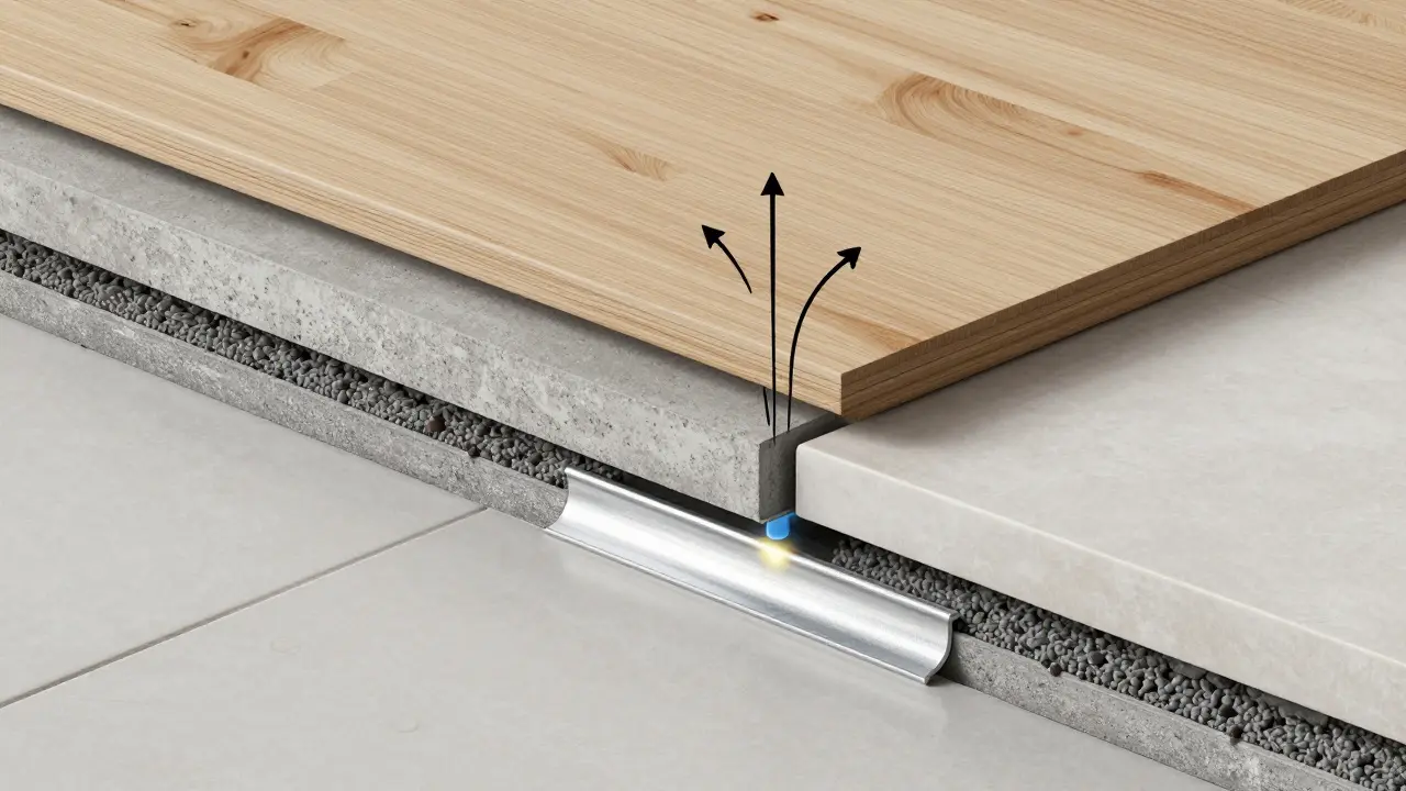 Schnittansicht eines Bodenübergangs mit Dehnungsausgleich, Profil und Silikonfuge in technischem Stil.