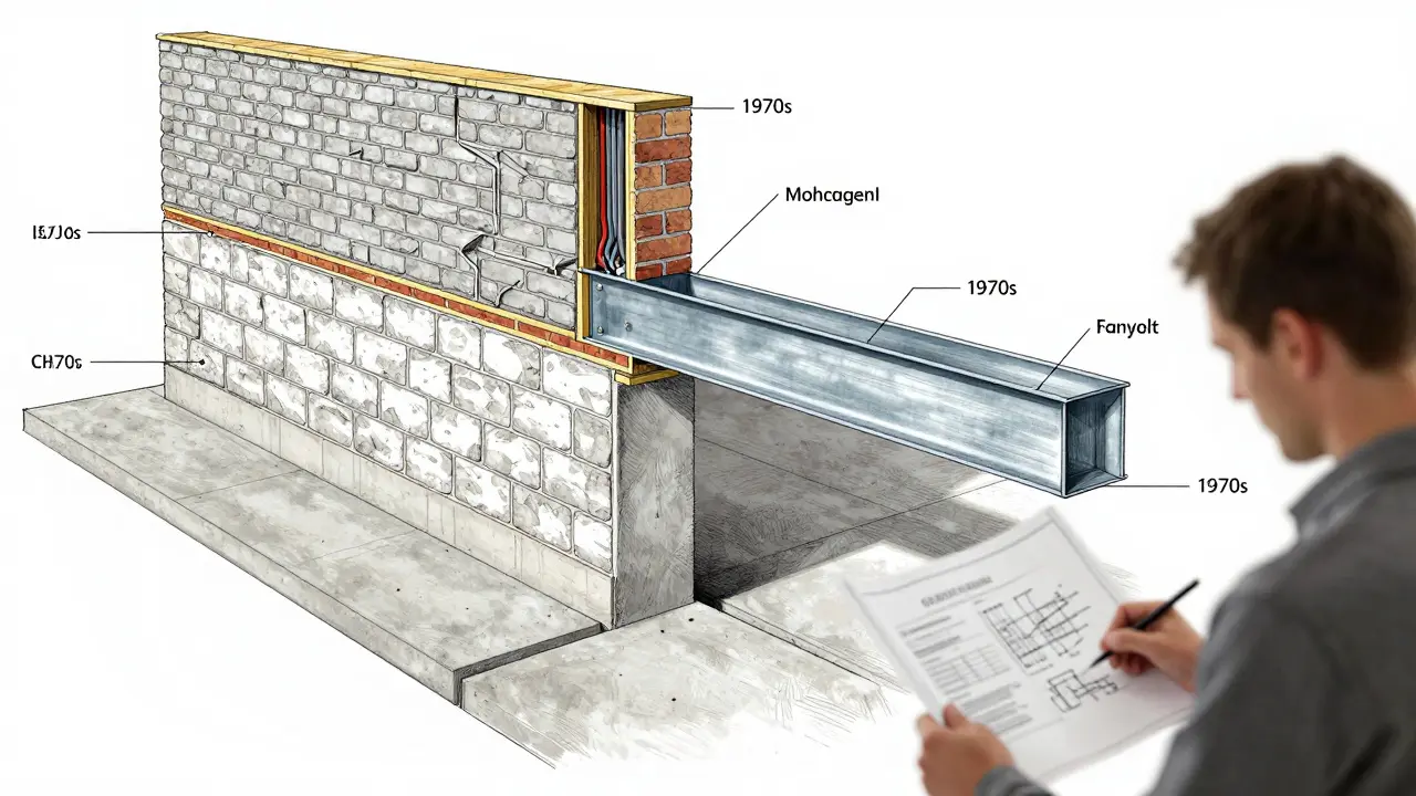 Technische Zeichnung eines tragenden Mauerwerks, das durch einen Stahlträger ersetzt wird, mit strukturellen Details und einem Statiker vor Ort.