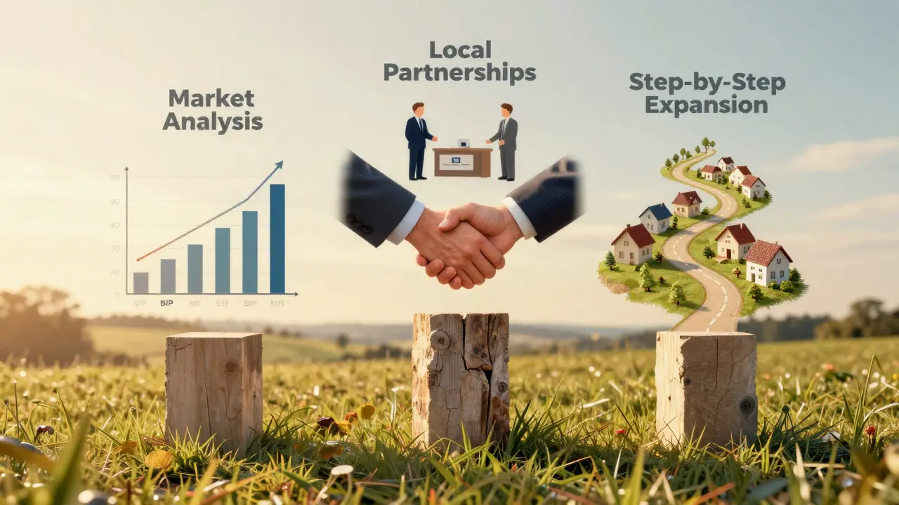 Three-pillar model illustrating market analysis, local partnerships, and step-by-step expansion in a German rural context.