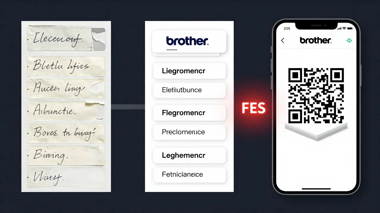 Vergleich dreier Beschriftungsmethoden: handgeschrieben, professionell gedruckt und digital mit QR-Code, symbolisiert die Entwicklung der Sicherheitsstandards.