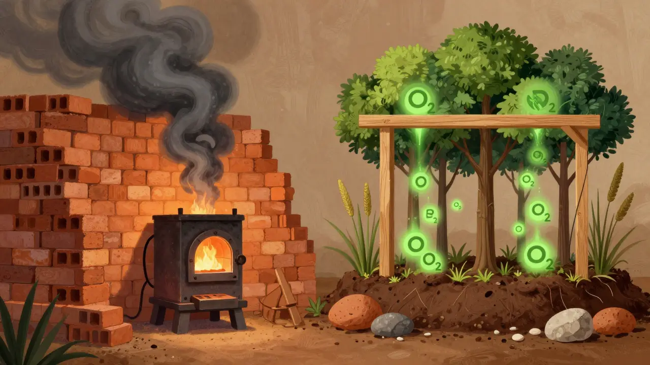 Vergleich: gebrannte Ziegel mit hohen CO2-Emissionen vs. wachsendes Holz, das CO2 speichert.