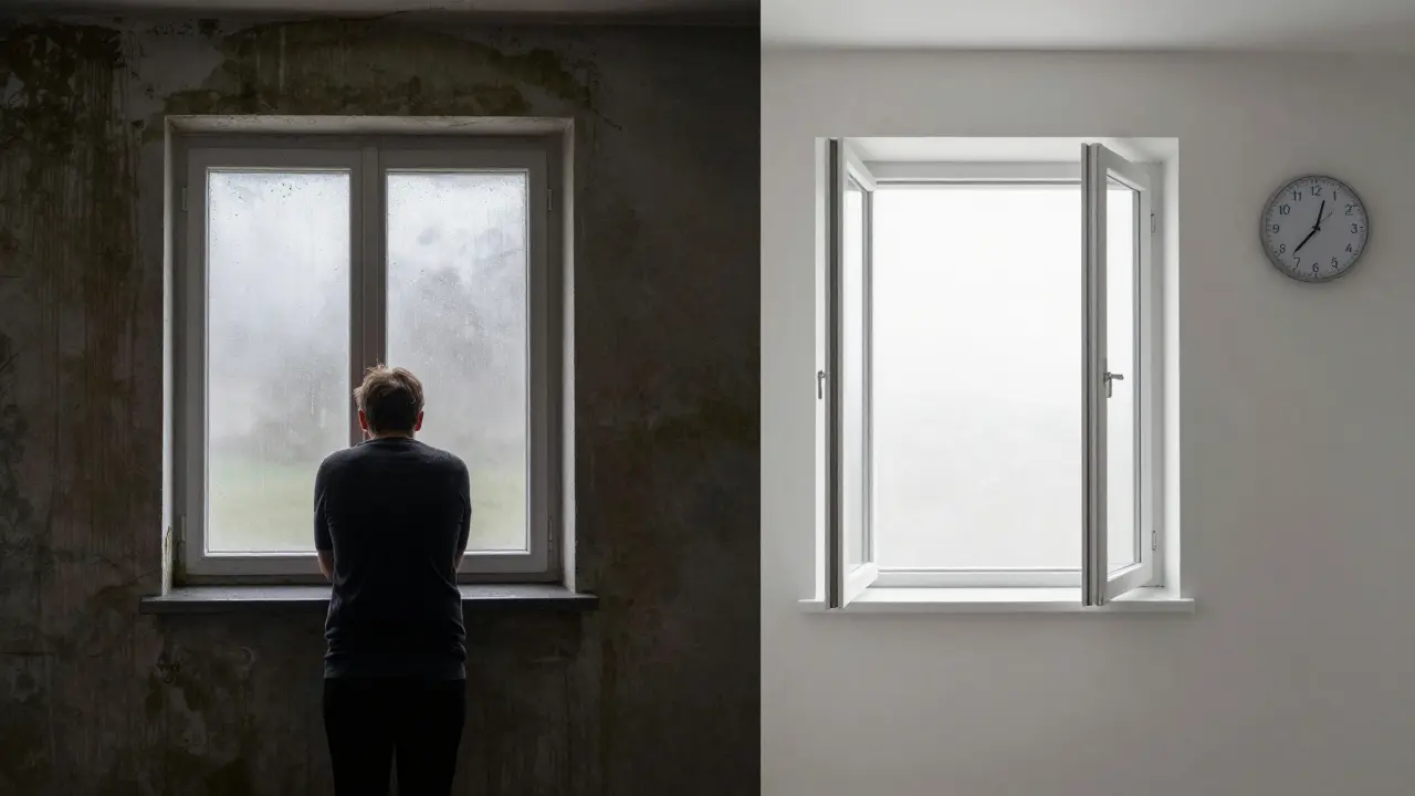 Vergleich: links eine schimmelige Wand mit gekipptem Fenster, rechts ein trockener Raum mit voll geöffnetem Fenster und Hygrometer.