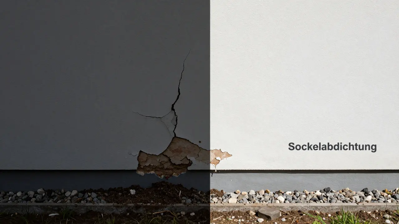 Vergleich: links kaputter Sockel mit Erdkontakt, rechts professionell abgedichtet mit Kiesstreifen und spezieller Beschichtung, ohne Text oder Beschriftung.