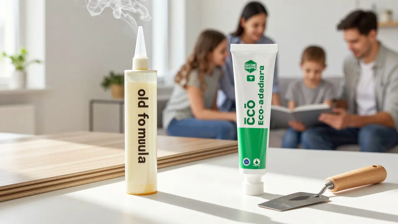 Vergleich von veralteten und modernen Bodenklebern: links schadstoffbelastet, rechts mit Umweltzertifizierungen und sauberer Arbeitsumgebung.