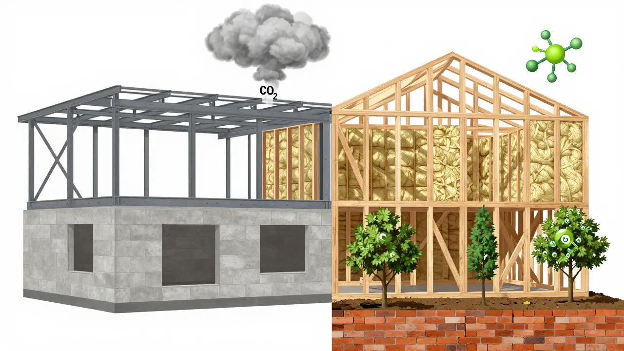 Vergleich zweier Sanierungsansätze: links konventionell mit CO2-Emissionen, rechts nachhaltig mit natürlichen Materialien und CO2-Speicherung.
