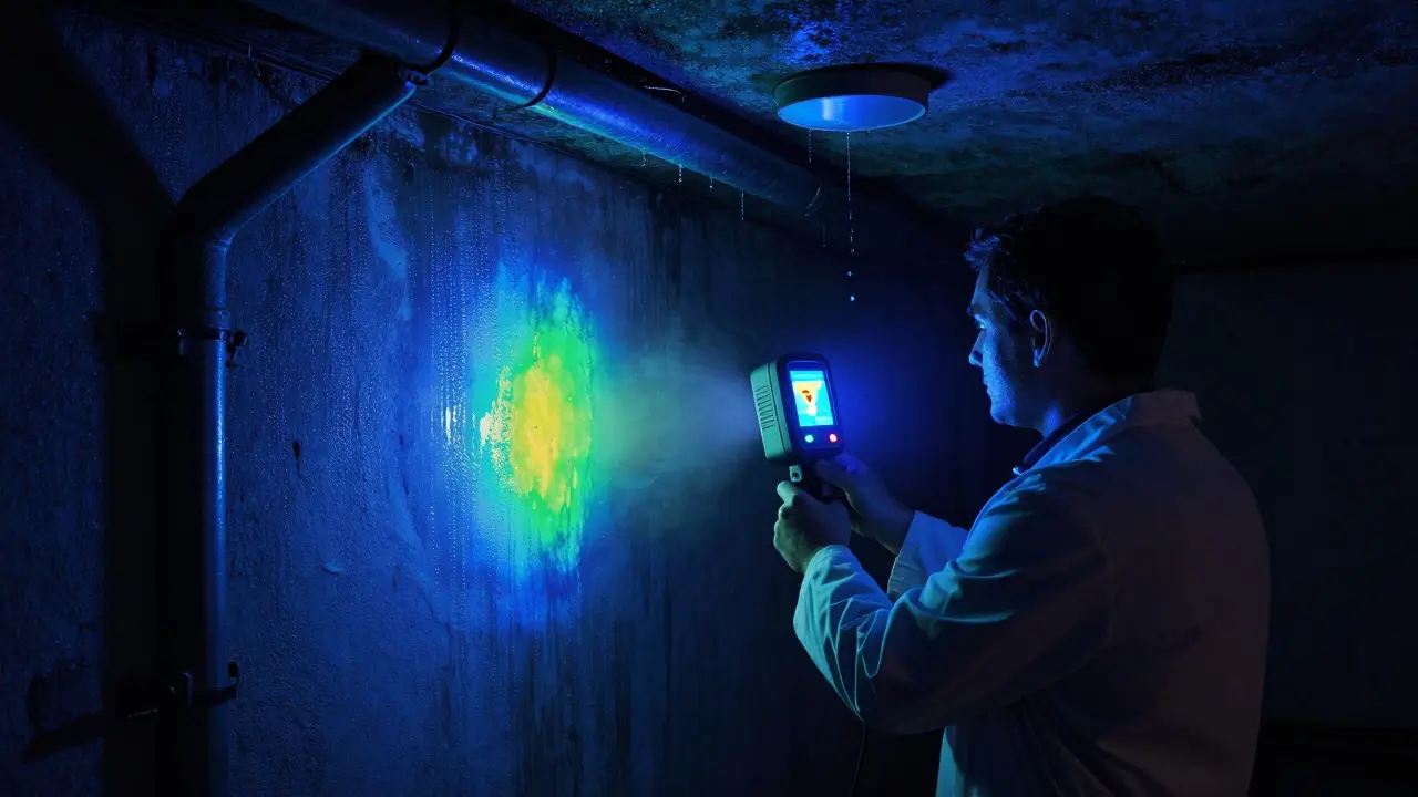 Wärmebildkamera zeigt Kondensationsstellen an einer feuchten Kellerwand