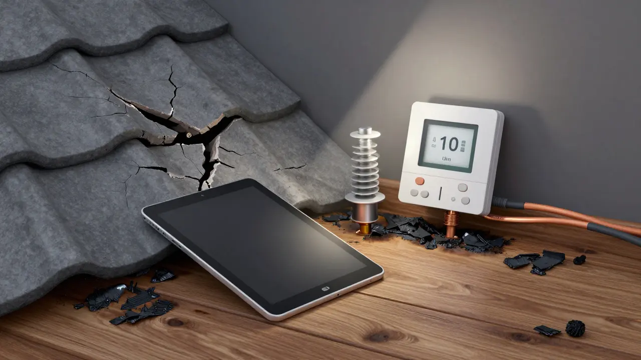 Zerstörte Elektronik neben einem intakten Blitzschutzsystem – Kontrast zwischen Schaden und Schutz.