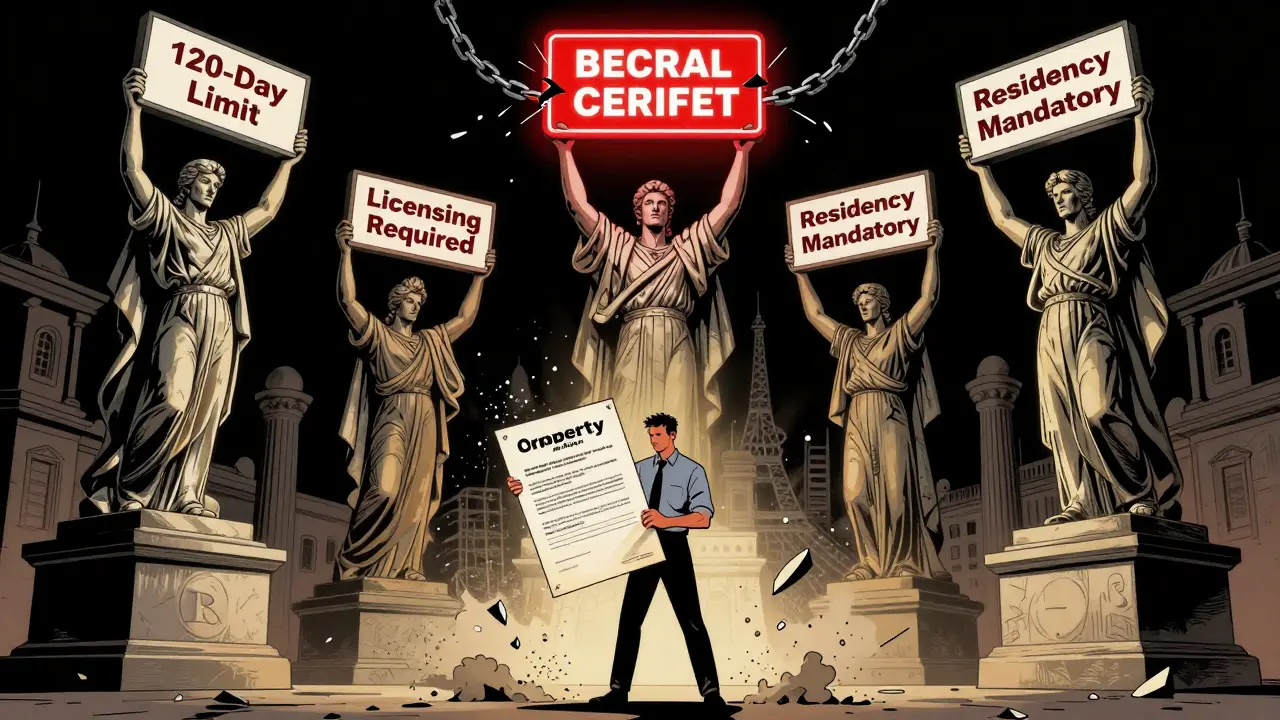 Comic book scene of property owner overwhelmed by legal statues from European cities