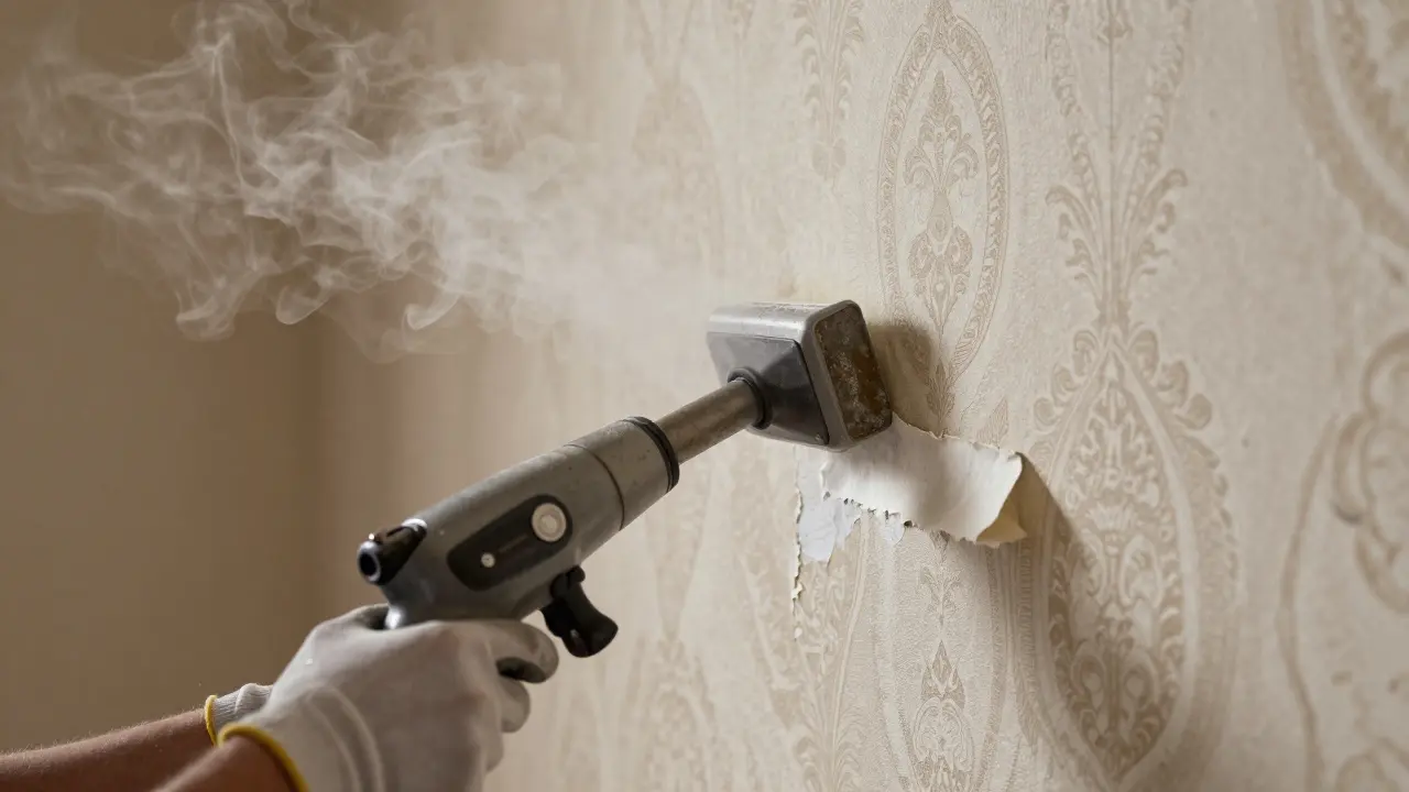 Dampfgerät weicht Kleister unter alter Tapete an der Wand auf.