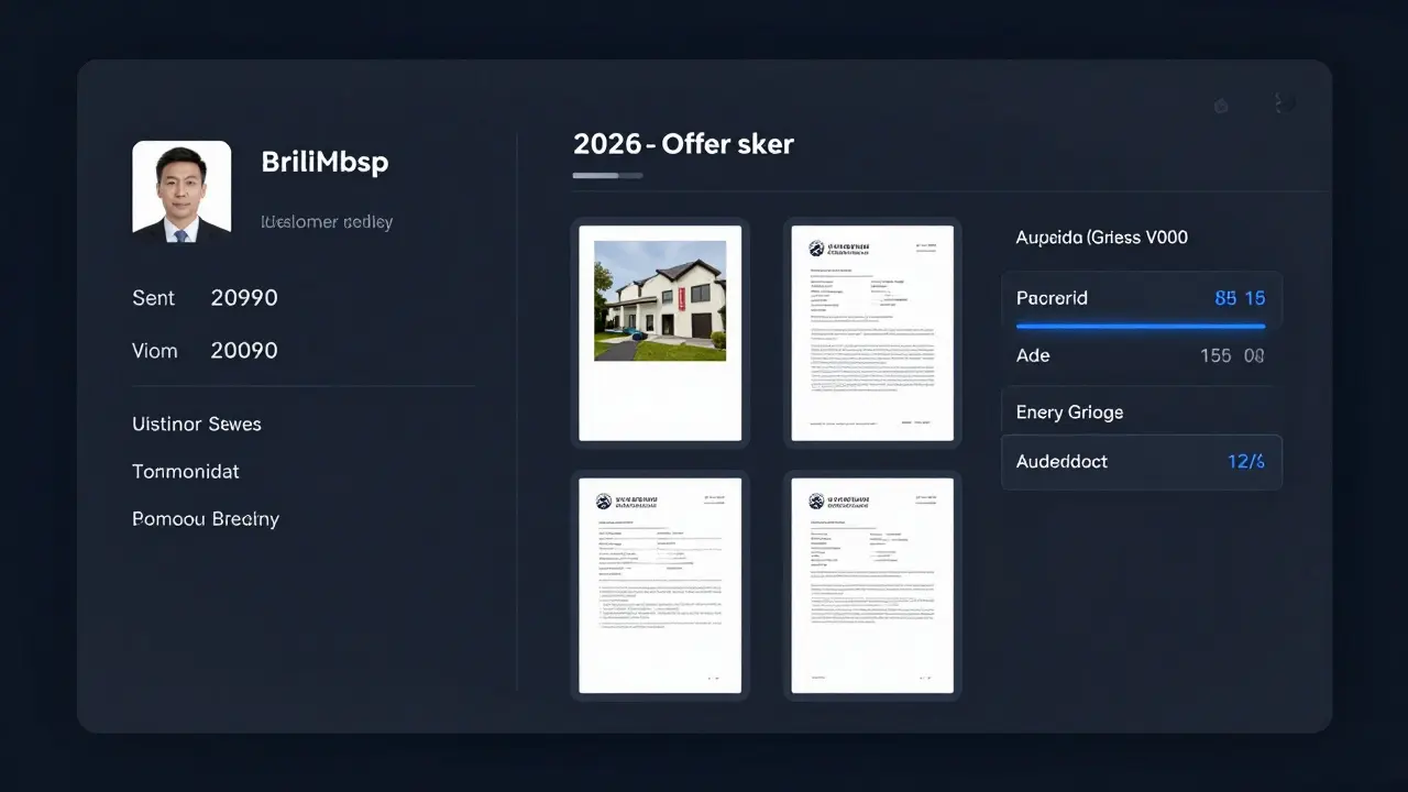 Digitale Oberfläche einer Angebotsmappe mit vier Spalten: Kontaktdaten, Angebotswerte, Dokumente und Historie in klarem UI-Design.