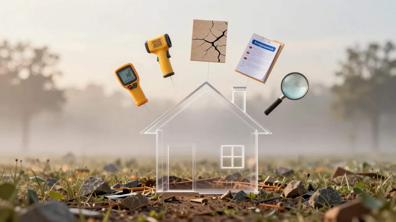 Eine Checkliste mit Messgeräten und Dokumenten schwebt über einem Haus mit verborgenen Bauschäden.