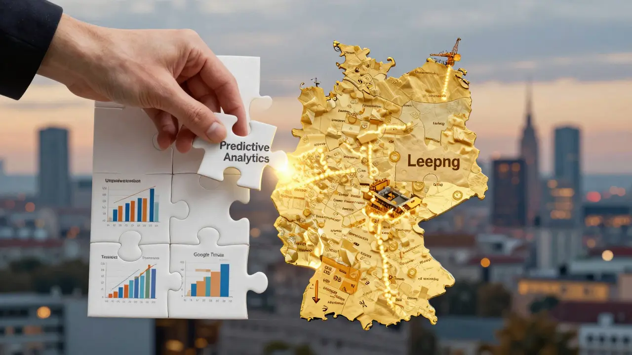 Eine Hand fügt eine Puzzleteil mit Predictive Analytics in eine Karte Deutschlands ein, andere Teile zeigen Datenquellen.