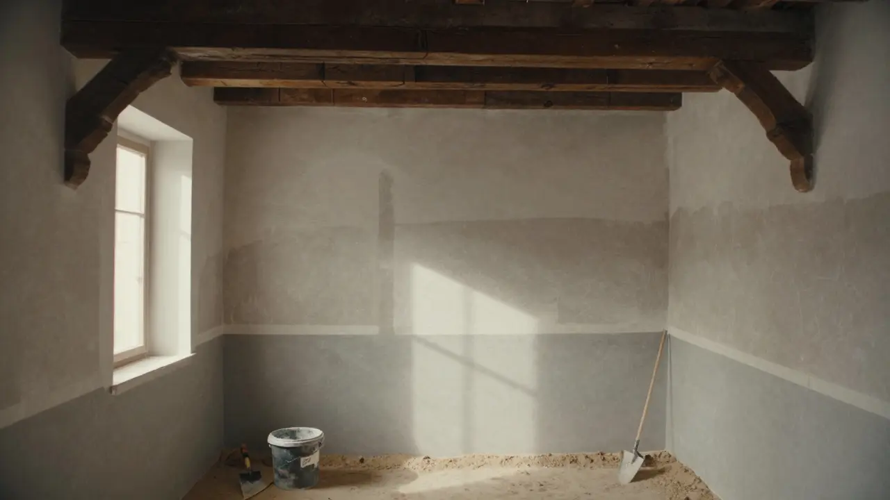 Exponierte Holzbalken im Altbausanierungsbereich mit Putzvorbereitung