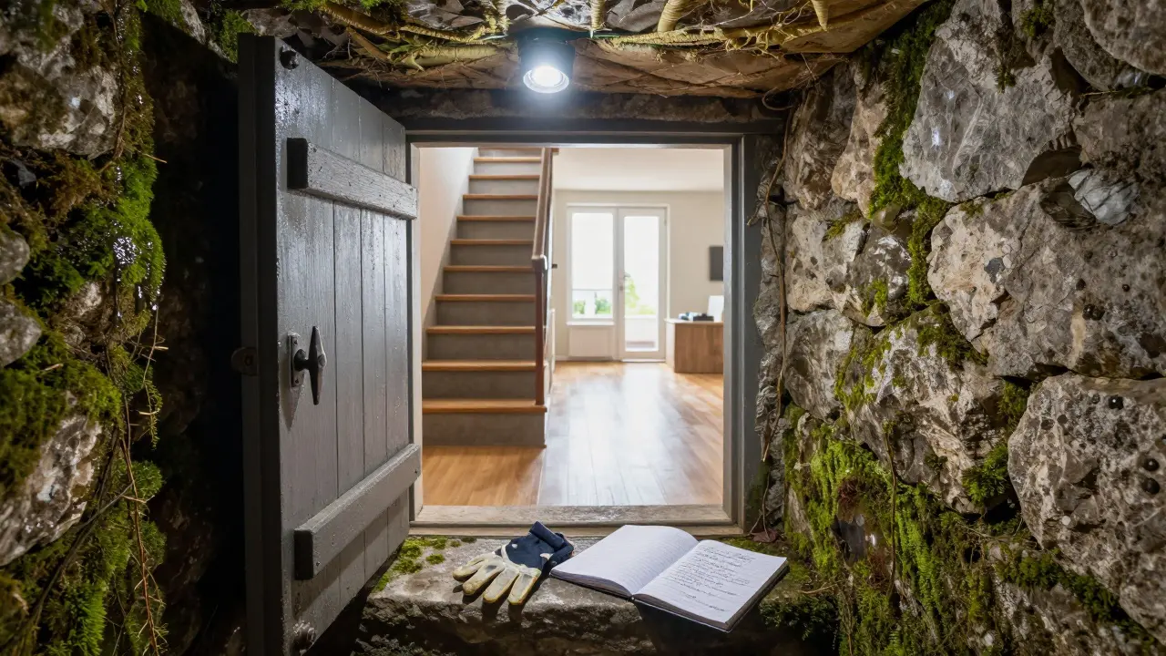 Feuchter Keller mit Schimmel und ungedämmter Decke, Lichtstrahl zeigt verborgene Mängel.