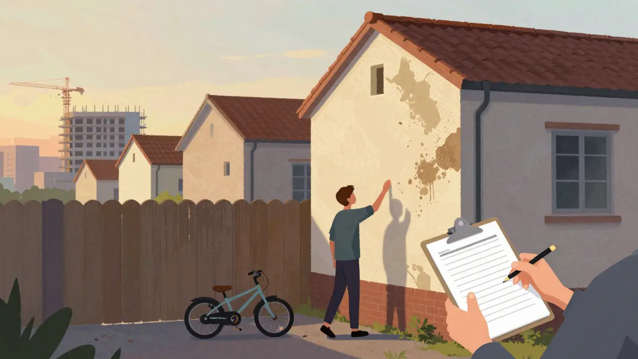 Hausbesichtigung an der Fassade mit Feuchtigkeitsspuren, im Hintergrund neues Gewerbegebiet.