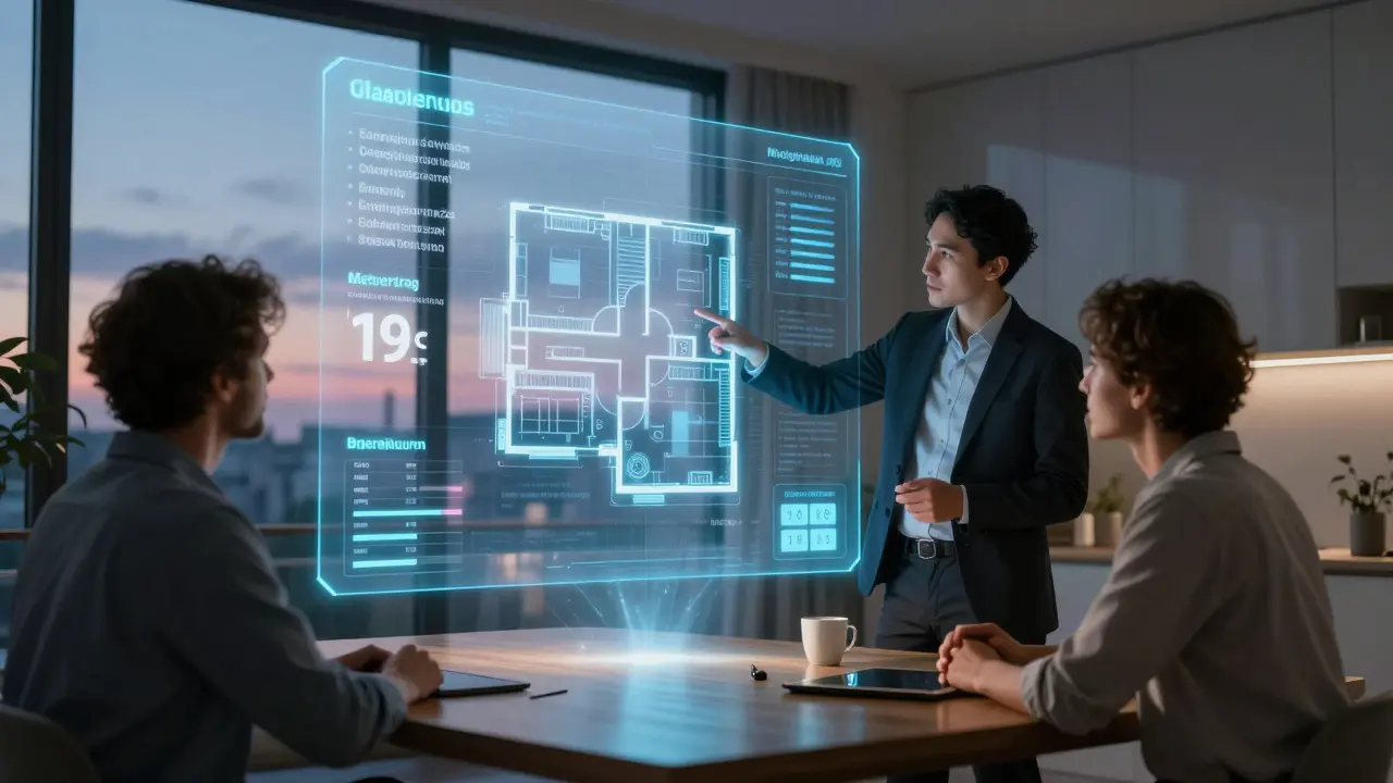 Holografische Projektion einer digitalen Immobilienmappe mit KI-gestützten Dokumenten und Preisempfehlung in einem modernen Wohnraum.