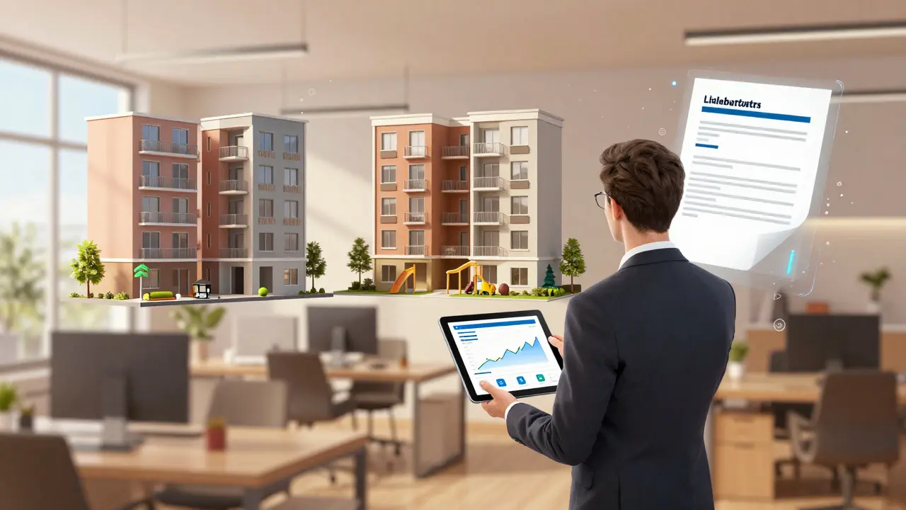 Immobilienmanager mit Tablet, das Immobilien-Datenanalysen zeigt, während Wohnungen sich verändern.