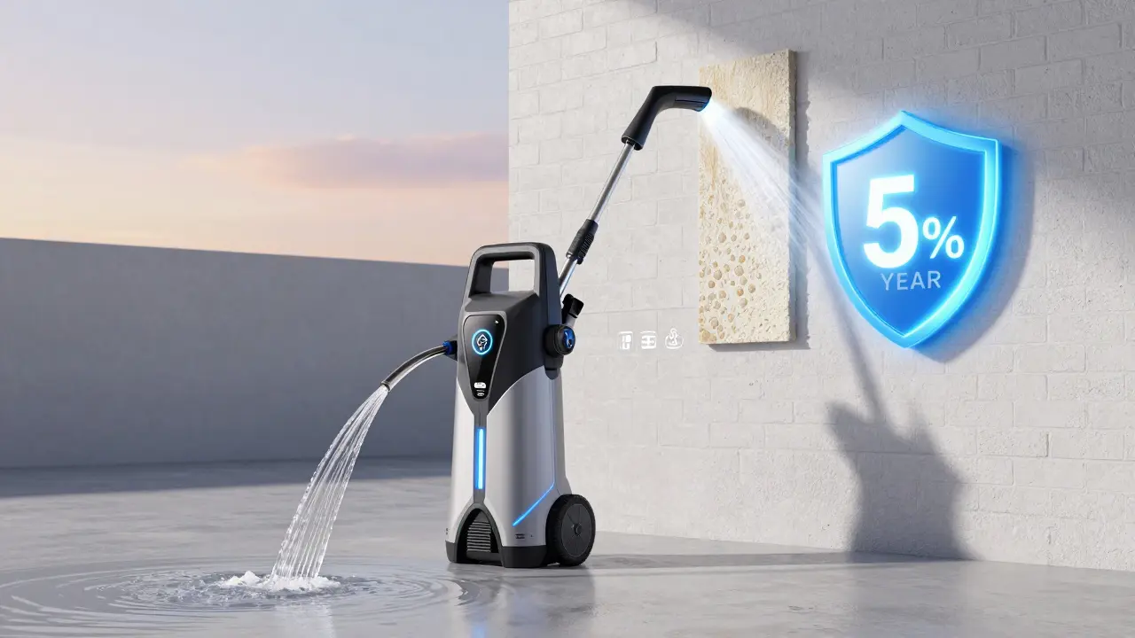 Intelligenter Hochdruckreiniger mit Sensoren und geschlossenem Wasserkreislauf, der automatisch auf Fassadenmaterial reagiert und Schutzschicht aktiviert.