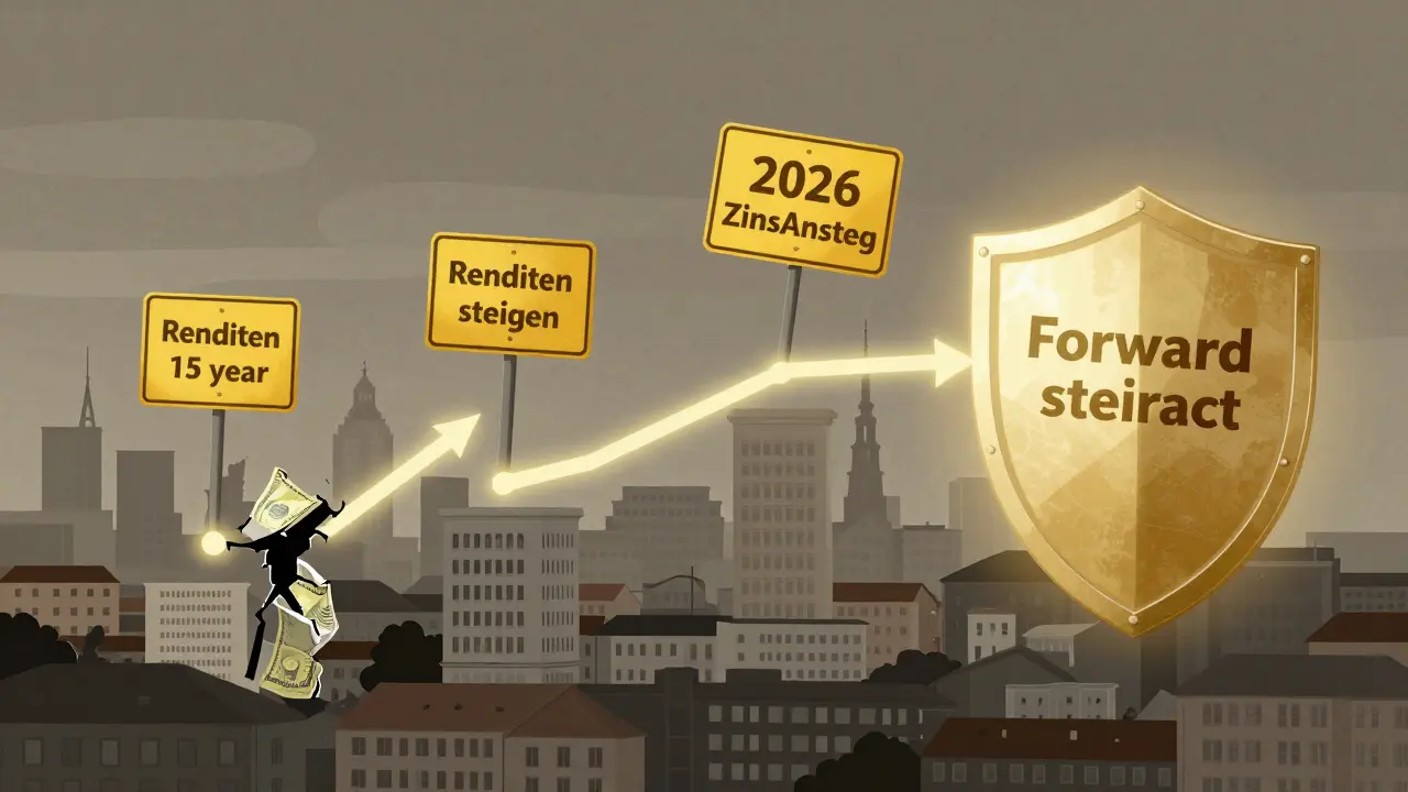 Künstlerische Darstellung einer Finanztimeline mit verschiedenen Zinsbindungsstrategien in einer deutschen Stadt.