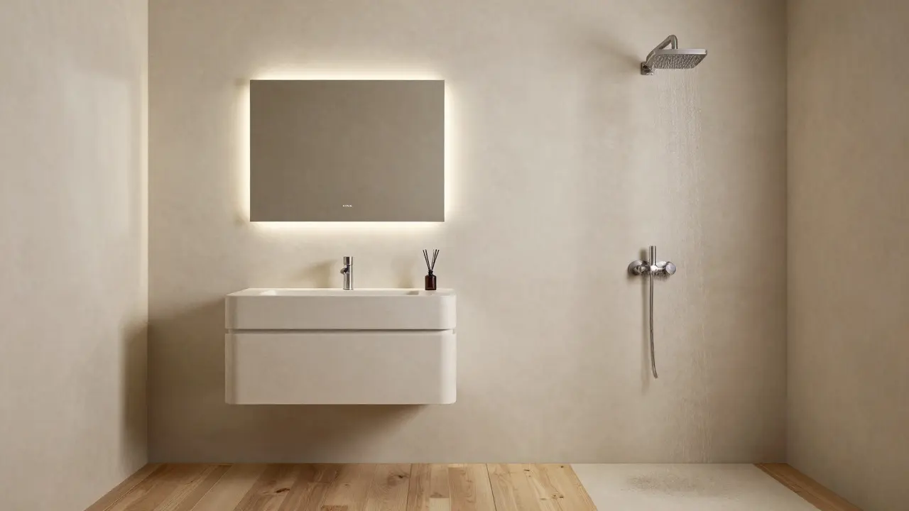 Modern bathroom with integrated sink, lime plaster walls, smart mirror, and wooden floor under gentle rainfall shower.