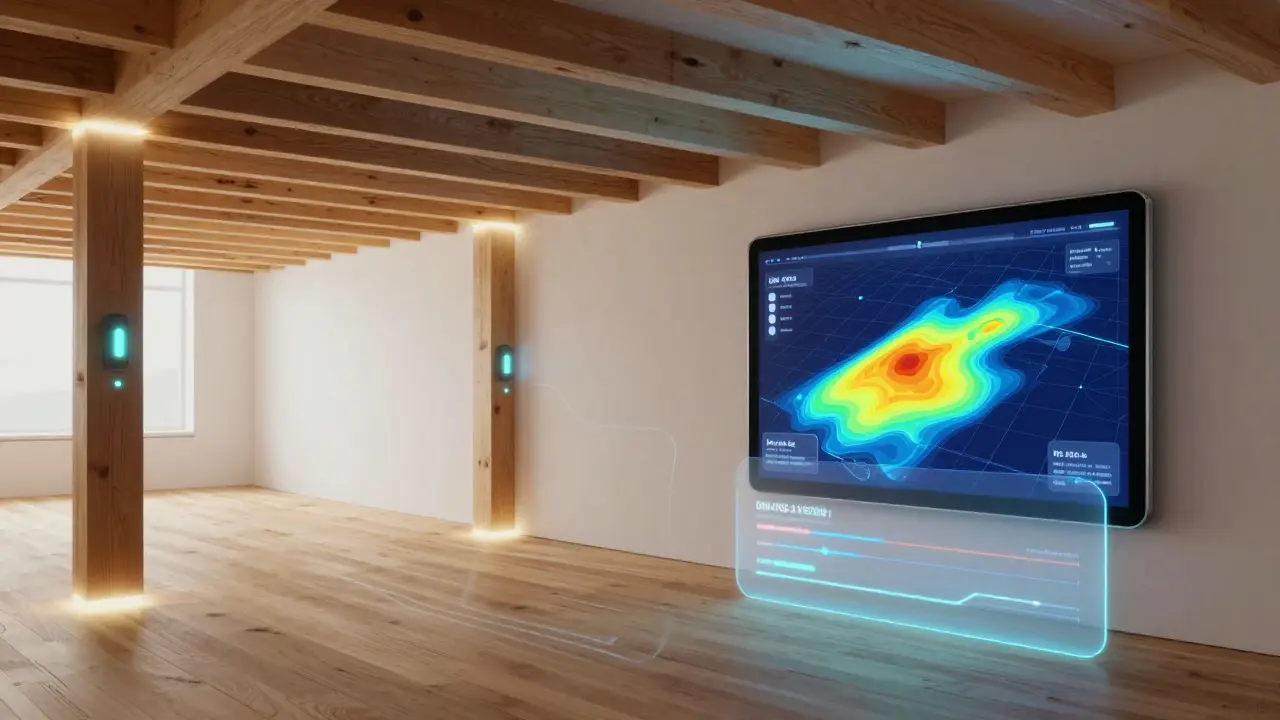 Moderne Wohnung mit eingebauten IoT-Sensoren, die Feuchtigkeitsdaten in Echtzeit an ein Tablet senden.