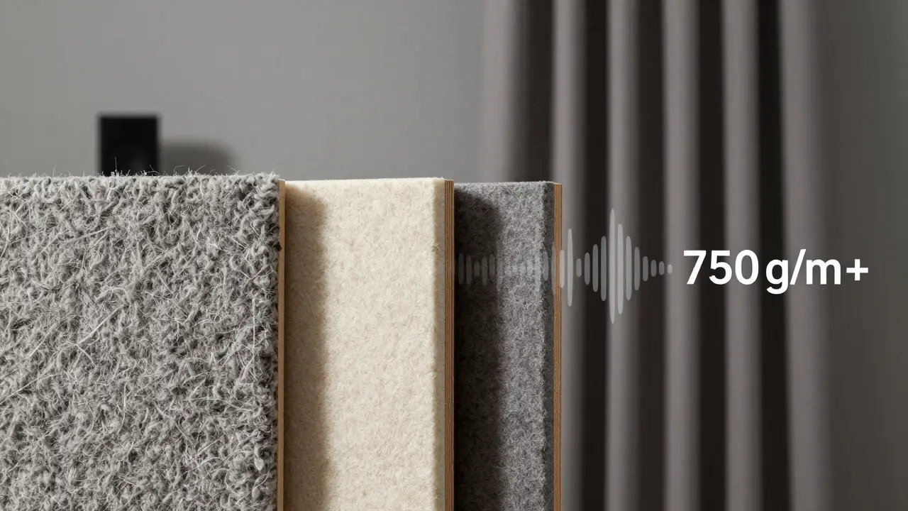 Nahaufnahme von Akustikteppich, Paneel und schwerem Vorhang mit Texturdetails und sanftem Licht, das Dichte und Struktur betont.