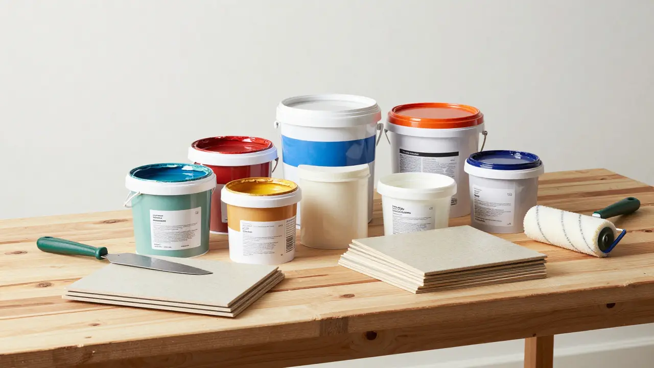 Sortierte Bauzutaten wie Farbe und Fliesen auf Arbeitsplatte bereit