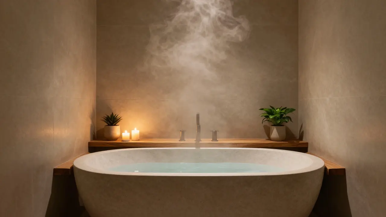 Spa-style bathroom with freestanding stone tub, wooden shelves, candles, and matte limestone walls in warm ambient light.
