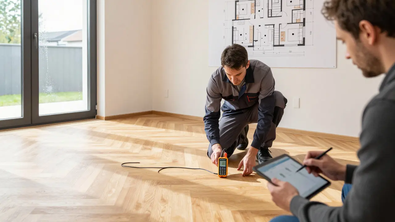 Techniker misst die Feuchtigkeit eines Parkettbodens mit digitaler Messung, während Messpunkte an einer Bauplanwand sichtbar sind.